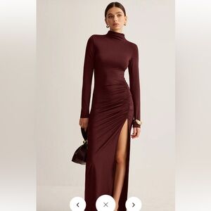 Commense Stand-Collar Pleated Slit Jersey Dress
